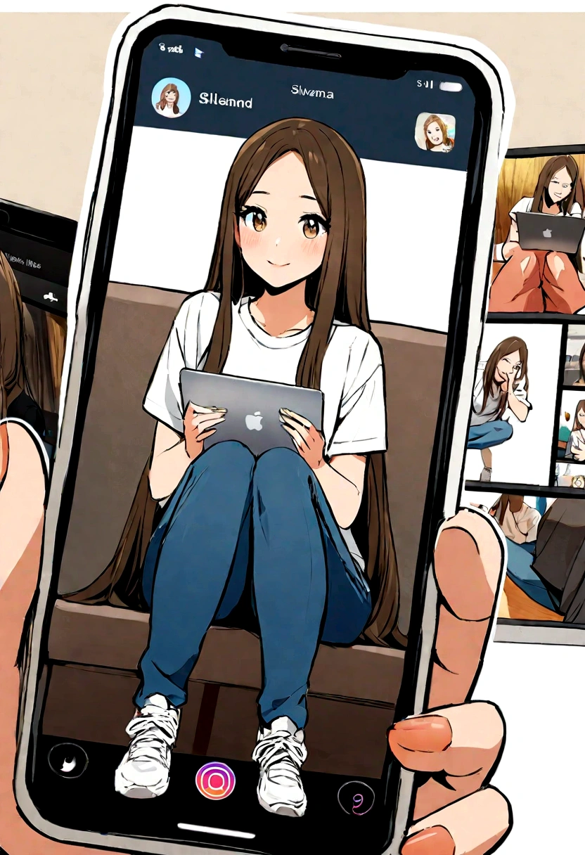 Create a 4D illustration of a woman with an athletic body, long straight hair with highlighted brunette highlights, excitedly smiling. She is sitting casually on top of the Instagram logo, with a MacBook at her side and holding an iPhone in her hand. A character wears blue jeans, white t-shirt and white sneakers. In the background, there is a social media profile page with the username '@silvanaborgs' and a profile photo corresponding to the character."