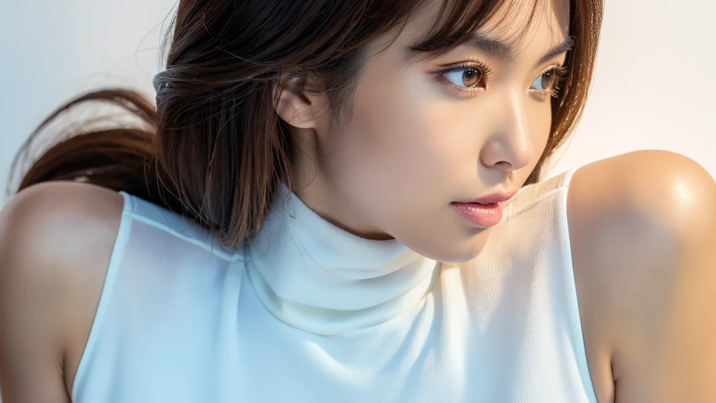 (detailed face),VIVID,normal breasts,pretty,sleeveless and turtle neck white silky clothes,4k ,super high resolution ,(photo-realistic: 1.7),white background,long hair,