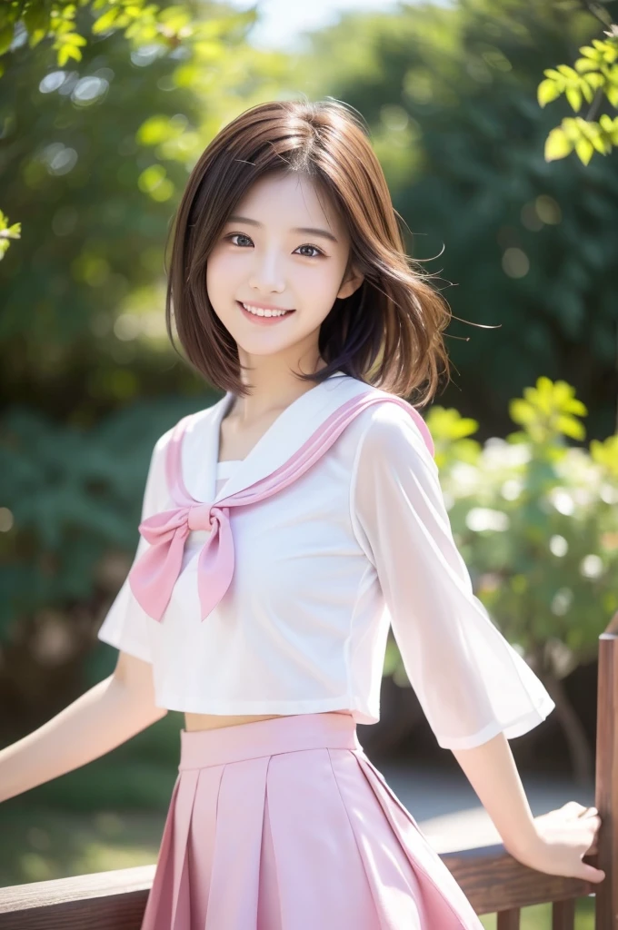 Image resolution 8K、masterpiece:1.3)、Beauty、1 female、(魅力的なbody:1.2)、abdomen:1.1、Dark Brown Hair:1.1、(body:1.2)、Ultra-detailed face、Attractive lips、double eyelid、Super realistic and detailed super cute in a white short sleeved zippered sailor suit and pink skirt、Japanese 、Japanese women、10th generation(18-year-old)、Smiling with a nice smile、Hair fluttering in the wind、Short Hairstyle、