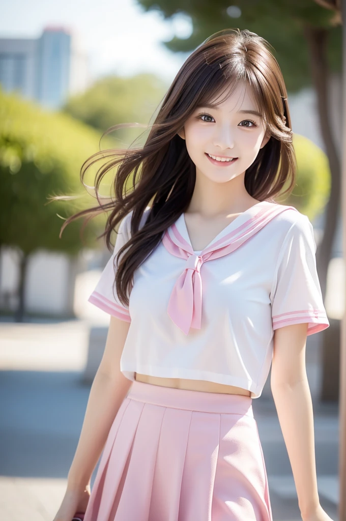 Image resolution 8K、masterpiece:1.3)、Beauty、1 female、(魅力的なbody:1.2)、abdomen:1.1、Dark Brown Hair:1.1、(body:1.2)、Ultra-detailed face、Attractive lips、double eyelid、Super realistic and detailed super cute in a white short sleeved zippered sailor suit and pink skirt、Japanese 、Japanese women、10th generation(18-year-old)、Smiling with a nice smile、Hair fluttering in the wind、Short Hairstyle、