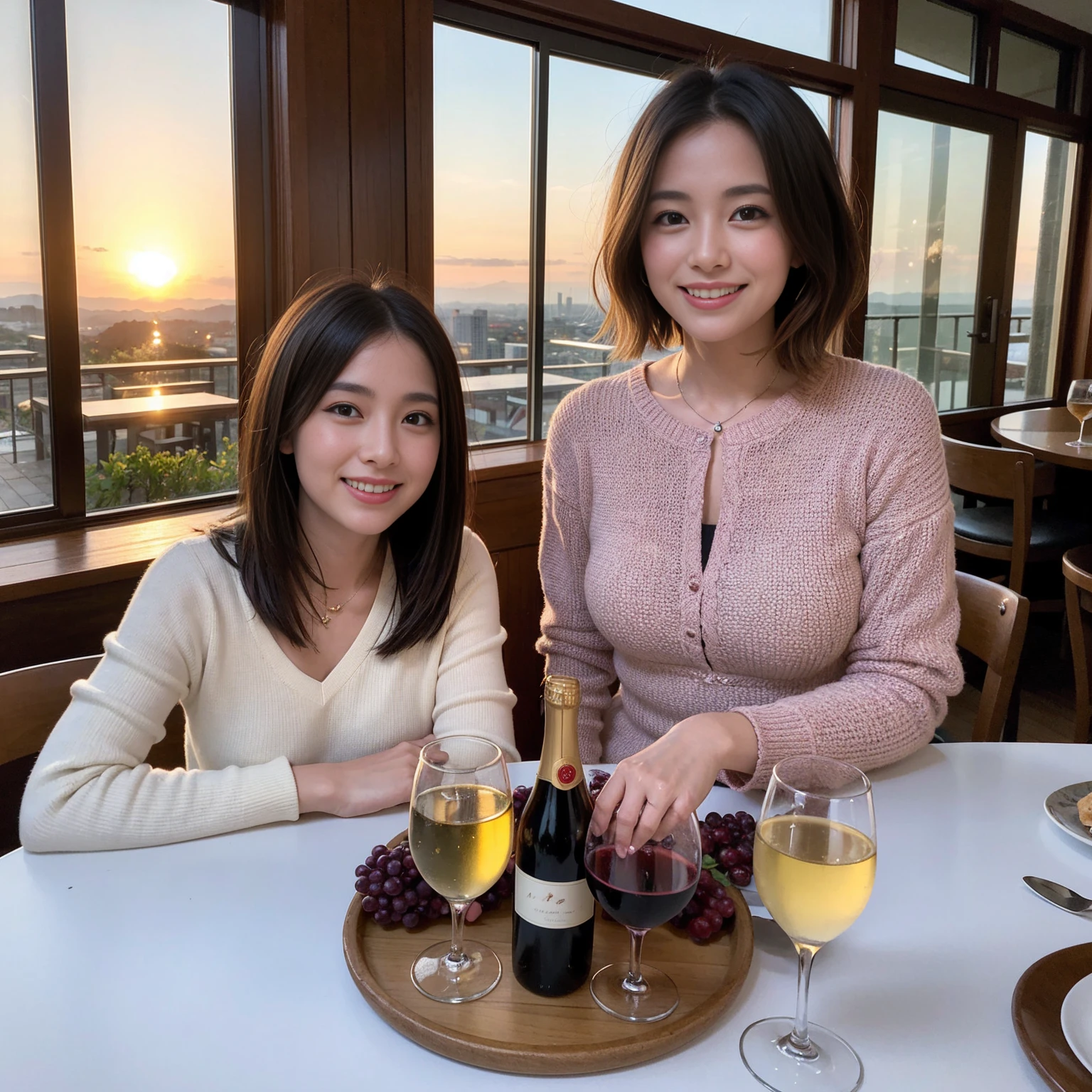 ((Highest quality、8K、masterpiece:1.3))、 (Ultra-realistic、 Genuine、Bright image、Intricate details:1.2), 最高のsmile、Slim Beauty、1 male 1 female、Beautiful couple、love love love、Lovers in Kyoto、Good friends、actress couple、smile、Full-course dinner at a packed table、 (Slim face), (the body is slim), (Brown Hair), (short hair), テーブルのwine glass、Please shine a light on my face、 Amazing view of the sunset sky and clouds、42 years old 39 years old, red wine 、Appetizers、Wine bottle、sparkling wine、Long sleeve shirt、dress、White wine, red wine, wine glass,