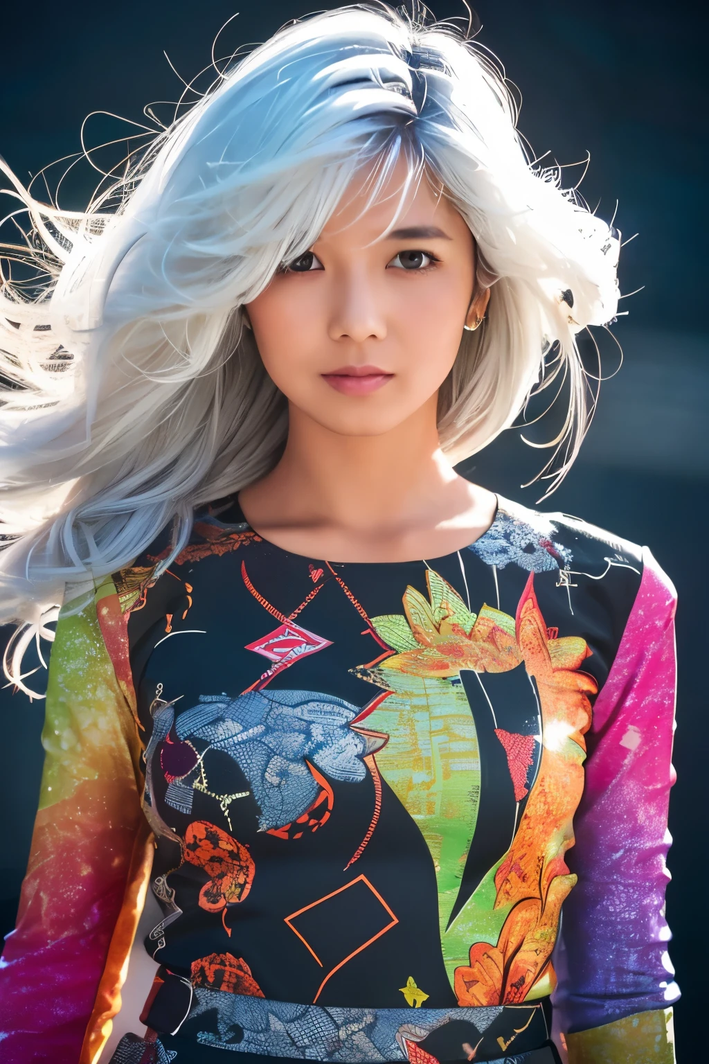 Masterpiece, high quality, high resolution, 8K, (solo:1.2), ((1girl)), Japanese woman, detailed face, detailed eyes, correct body structure, upper body, ((White hair:1.2)), very long hair, messy hair, slender body, seductive silhouette, luminous bones, depth of field, dark photo at nighttime, dimly lit, bangs, Cinematic Lighting, Tyndall effect, abstract background, futuristic outfits, vibrant colors, modern style, wide sleeves, artistic, unique patterns, colorful, stylish, trendy