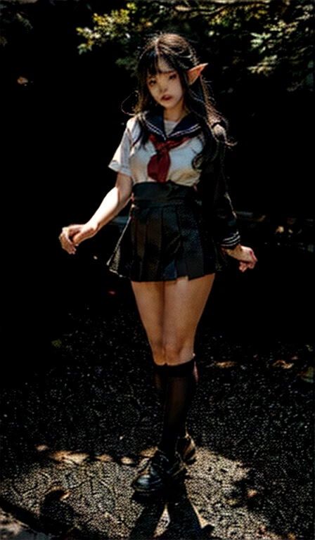 (japanese style school，the cherry trees：1. Mature elven beauty，standing on your feet，A sailor suit）， Masterpiece， The best quality， RAW Photographer， being realistic， Incredibly ridiculous beef，Long elf ears， earrings，hair pin， (Long Loose Silver Black Hair：1.9)，eye shadows，(A sailor suit)，ear drop，foot ring，Short skirt，(Black sports socks)（Black half knee socks)，(Moccasin shoes)，two longer legs，Depth of fields， A high resolution， ultra-detailed， watermark， RAWE is very detailed， very detailed eyes and faces， sharp pupils， realistic student， sharp focus， cinematic lighting，full bodyesbian，big tits，long legs，FROM THE FRONT，dynamic poses，Normal posture，closeup of face