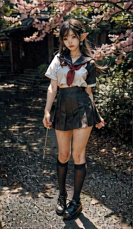 (japanese style school，the cherry trees：1. Mature elven beauty，standing on your feet，A sailor suit）， Masterpiece， The best quality， RAW Photographer， being realistic， Incredibly ridiculous beef，Long elf ears， earrings，hair pin， (Long Loose Silver Black Hair：1.9)，eye shadows，(A sailor suit)，ear drop，foot ring，Short skirt，(Black sports socks)（Black half knee socks)，(Moccasin shoes)，two longer legs，Depth of fields， A high resolution， ultra-detailed， watermark， RAWE is very detailed， very detailed eyes and faces， sharp pupils， realistic student， sharp focus， cinematic lighting，full bodyesbian，big tits，long legs，FROM THE FRONT，dynamic poses，Normal posture，closeup of face