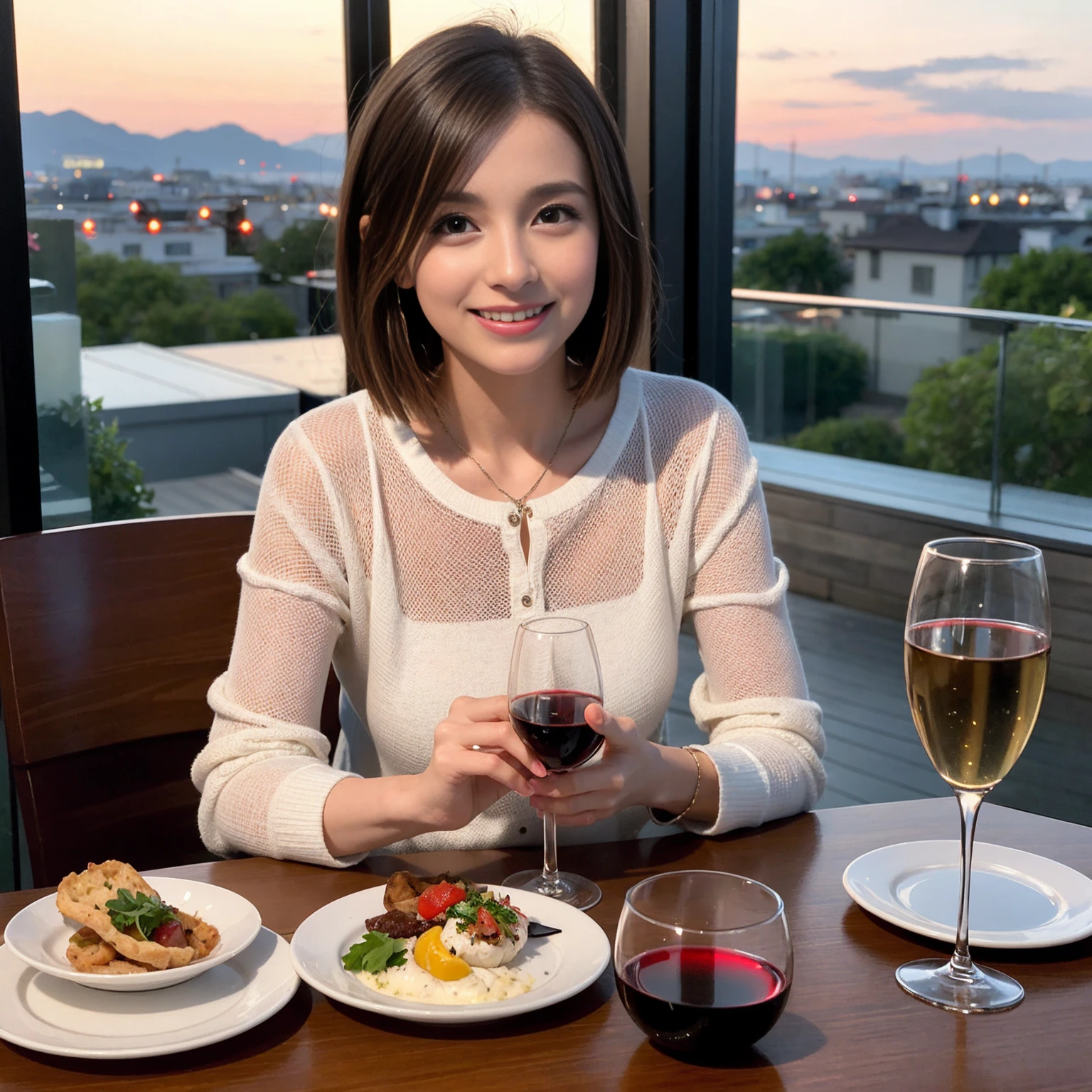 ((Highest quality、8K、masterpiece:1.3))、 (Ultra-realistic、 Genuine、Bright image、Intricate details:1.2), 最高のsmile、Slim Beauty、1 male、1 female、Beautiful couple、love love love、Slim lover、Lover in Sendai、actress couple、smile、Full-course dinner at a packed table、 (Slim face), (the body is slim), (Brown Hair), (short hair), テーブルのwine glass、Please shine a light on my face、 Amazing view of the sunset sky and clouds、37 years old 39 years old, red wine 、Appetizers、Wine bottle、sparkling wine、Long sleeve shirt、dress、White wine, red wine, wine glass,