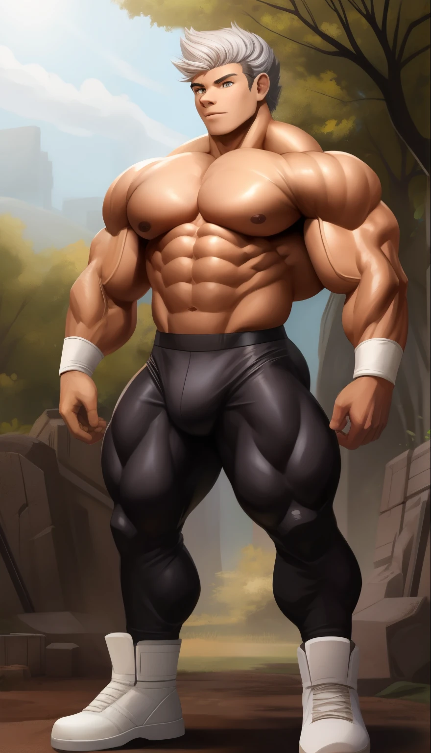 A ( face) 15 y years old) very attratanding, full body. Mexican ethnicity. tanned skin, silver white hair, short hair bangs that fall on both sides of his youthful face. carefree expression, young man, alone, marked muscles, beautiful musculature, aesthetic stretch marks, inspiring physique, slender muscles, square pecs, beautiful V-cone, excellent abs and torso, chiseled abs, pectorals chiseled, perfect massive muscles, inflated muscles, voluminous pectorals, massive muscular body, a huge gigantic chest with a narrow waist, huge shoulders, ridiculously well-shaped large pecs, eight chiseled abs, (very toned and huge) with his military haircut and voluminous neck, narrow waist, golden eyes, young face, beautiful, young. Teen muscular young bodybuilder with extraordinary and firm back, chiseled muscles, rhomboid muscles, latissimus dorsi. Gigachad. he wears a Use Vegeta's training suit. A tight one-piece suit from the neck to the ankles, black in color, the suit has no sleeves, it does not use a belt. The black shirt and pants are a single piece of clothing, the shirt has a U neck, has no sleeves and highlights his prominent abdominals and pectorals. He doesn't wear a belt. His muscles stand out. He wears white gloves on his hands, and white boots. Ruins of a Jedi temple with forest background. standing, full body. (((Back))) huge firm muscular thighs, round buttocks and round butt with back, huge ass ((firm buttocks)) with big booty. (((black clothes)))
