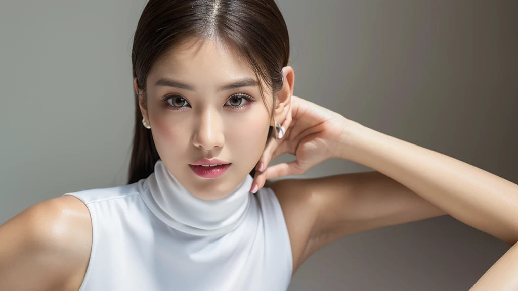 (detailed face),VIVID,normal breasts,pretty,sleeveless and turtle neck white silky clothes,4k ,super high resolution ,(photo-realistic: 1.7),white background,long hair,
