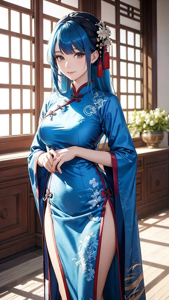 Beautiful woman with blue hair wearing a Chinese dress
