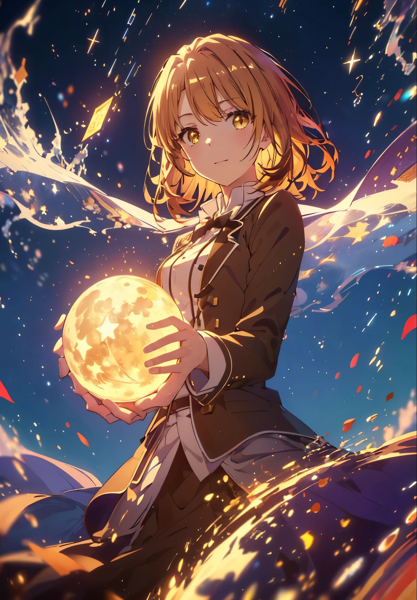 Irohaisshiki, isshiki iroha, Short Hair, Brown Hair, (Brown eyes:1.5), smile,((Night Sky)),((Big full moon)),((Sparkling and colorful stars)),Fluffy hair,((Idol style costume with soft volume)),Long skirt,Using magic with both hands,((witch)),Rubik's Square,
break outdoors, forest,forest
break looking at viewer,Upper Body,
break (masterpiece:1.2), Highest quality, High resolution, unity 8k wallpaper, (shape:0.8), (Narrow and beautiful eyes:1.6), Highly detailed face, Perfect lighting, Highly detailed CG, (Perfect hands, Perfect Anatomy),