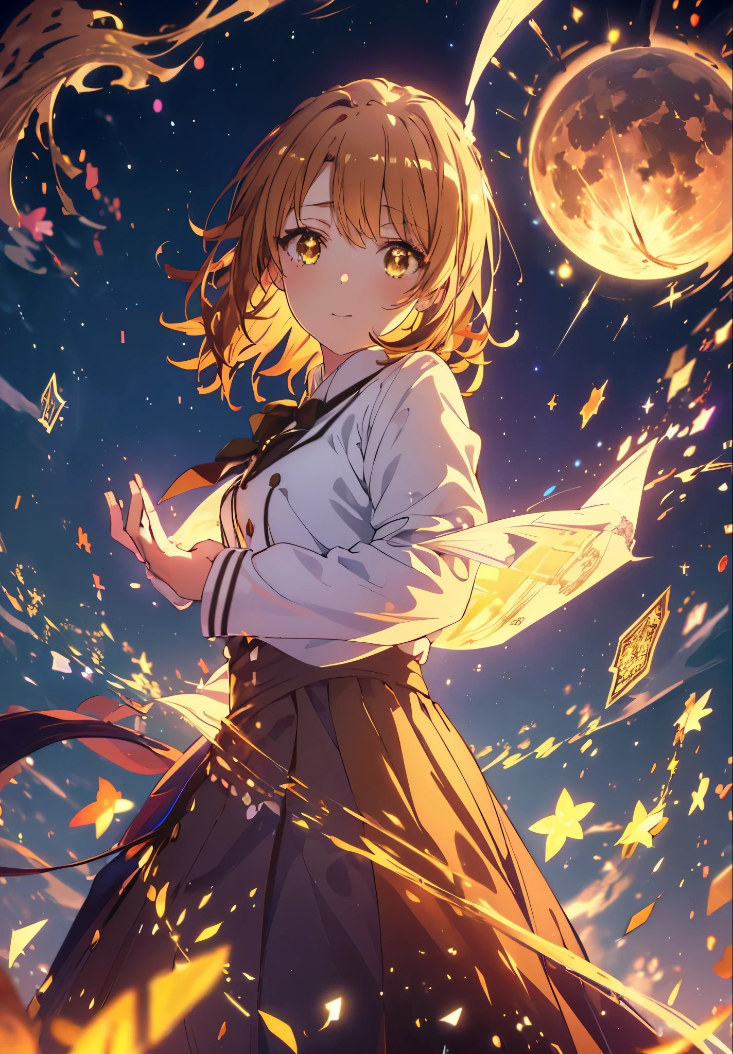 Irohaisshiki, isshiki iroha, Short Hair, Brown Hair, (Brown eyes:1.5), smile,((Night Sky)),((Big full moon)),((Sparkling and colorful stars)),Fluffy hair,((Idol style costume with soft volume)),Long skirt,Using magic with both hands,((witch)),Rubik's Square,
break outdoors, forest,forest
break looking at viewer,Upper Body,
break (masterpiece:1.2), Highest quality, High resolution, unity 8k wallpaper, (shape:0.8), (Narrow and beautiful eyes:1.6), Highly detailed face, Perfect lighting, Highly detailed CG, (Perfect hands, Perfect Anatomy),