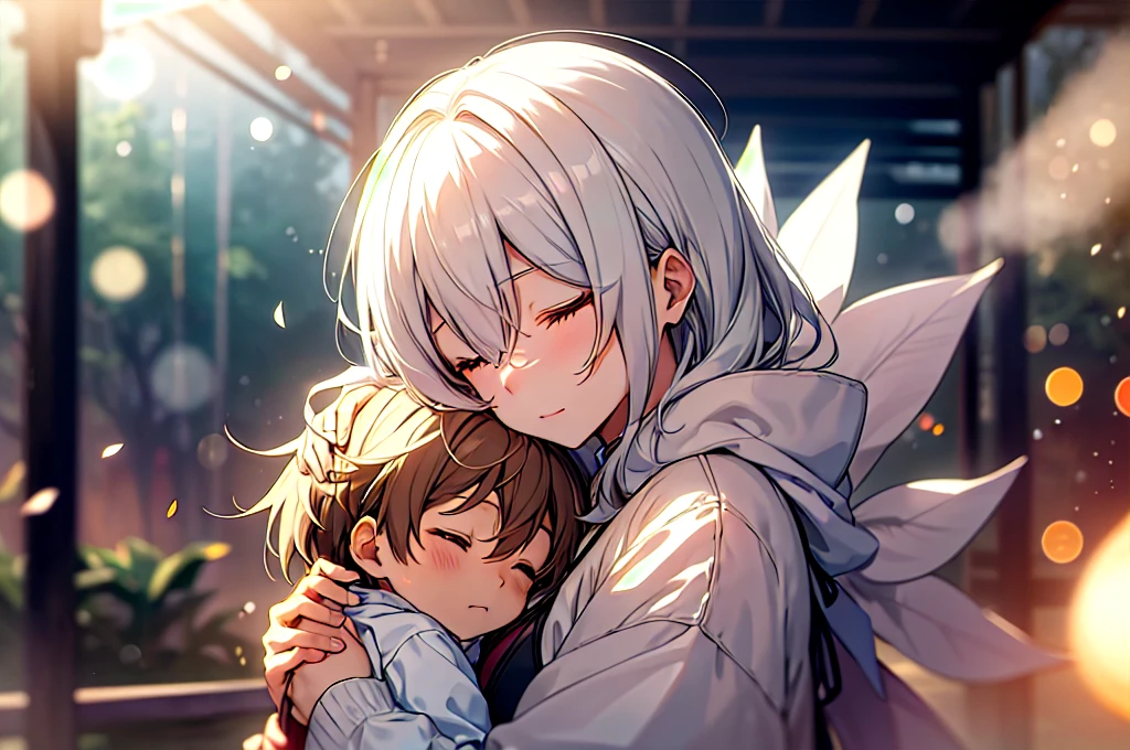(魔法ofデジタルアートワーク:1.3) of (Visual novel:1.3),(romantic:1.3) Mother hugging her son, close your eyes, Mid Shot, (Bokeh:1.3), (光of粒子:1.3), (mist:1.2), (depth of field:1.3), (Lens flare:1),(アーティスト Kadir Nelson:1.3),society,Art Station,(Provia:1.3)