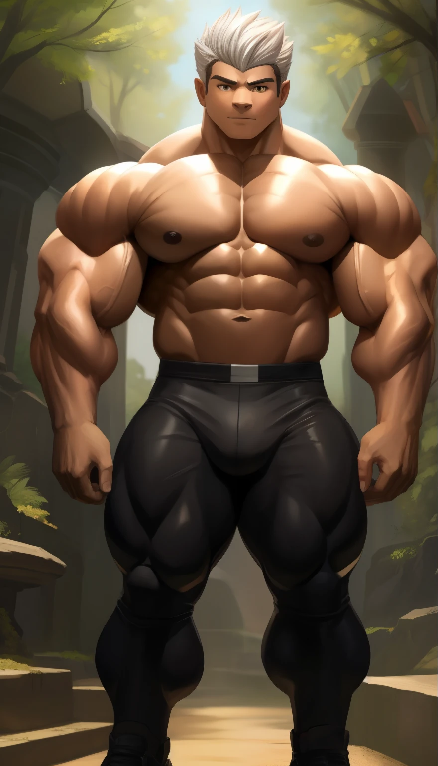 A teen ( face) old teenager (15 yearvery attractive boy, standing, full body. Mexican ethnicity. tanned skin, silver white hair, short hair bangs that fall on both sides of his youthful face. carefree expression, young man, alone, marked muscles, beautiful musculature, aesthetic stretch marks, inspiring physique, slender muscles, square pecs, beautiful V-cone, excellent abs and torso, chiseled abs, pectorals chiseled, perfect massive muscles, inflated muscles, voluminous pectorals, massive muscular body, a huge gigantic chest with a narrow waist, huge shoulders, ridiculously well-shaped large pecs, eight chiseled abs, (very toned and huge) with his military haircut and voluminous neck, narrow waist, golden eyes, young face, beautiful, young. Teen muscular young bodybuilder with extraordinary and firm back, chiseled muscles, rhomboid muscles, latissimus dorsi. Gigachad. he wears a Use Vegeta's training suit. A tight one-piece suit from the neck to the ankles, black in color, the suit has no sleeves, it does not use a belt. The black shirt and pants are a single piece of clothing, the shirt has a U neck, has no sleeves and highlights his prominent abdominals and pectorals. He doesn't wear a belt. His muscles stand out. He wears white gloves on his hands, and white boots. Ruins of a Jedi temple with forest background. standing, full body. (((Back))) huge firm muscular thighs, round buttocks and round butt with back, huge ass ((firm buttocks)) with big booty. (((black clothes)))