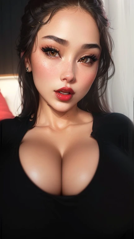 a close up of a woman with a big breast and a black top, cleavage, thick lips, portrait sophie mudd, sie boob, jaw-dropping beauty, sexy girl with dark complexion, thick red lips, large full lips, deep red lips, jaw dropping beauty, retouched in photoshop, 🤤 girl portrait, sexy face, sexy lips