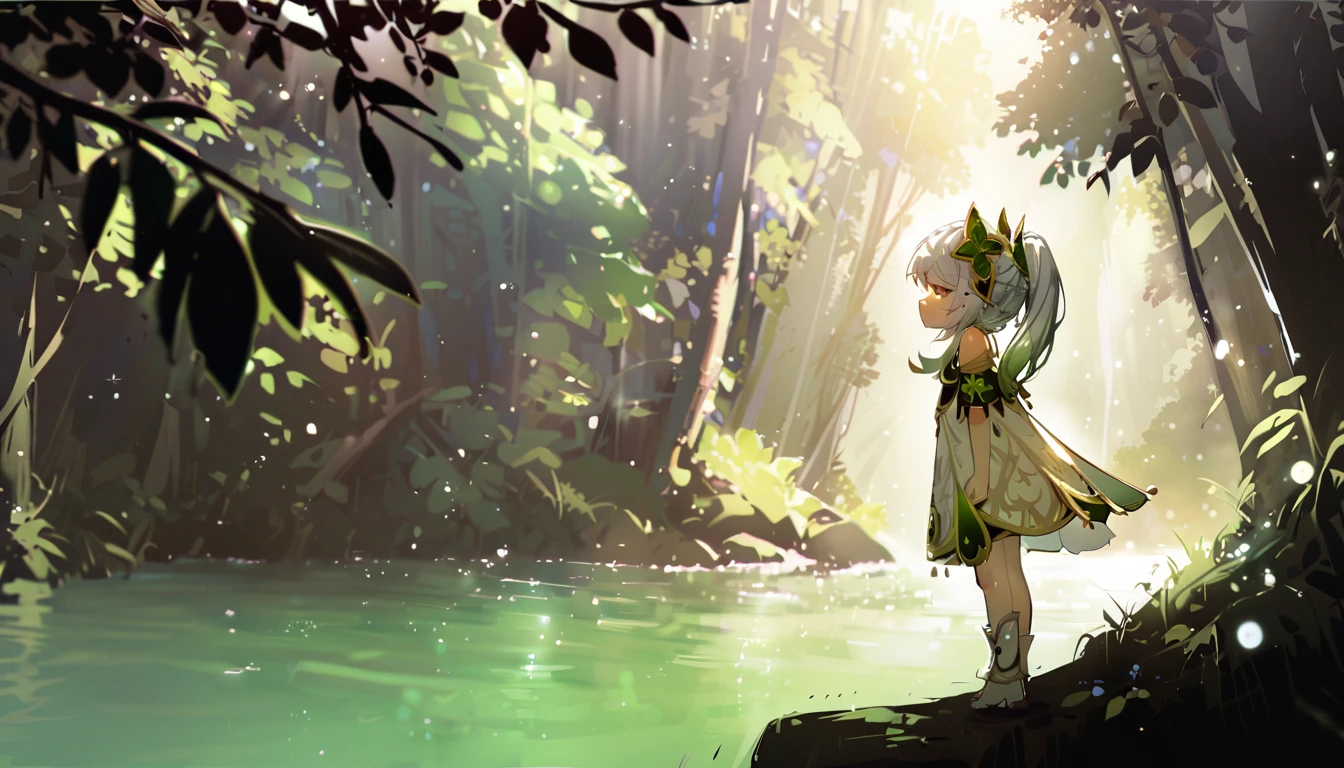 masterpiece,Highest quality,dispersion,alone,One girl, in the forest,Light particles, Light,Nahida,Green Eyes,Waterfront