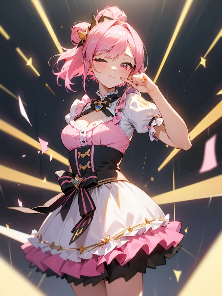 High quality,beautyな背景,detailed,masterpiece,beauty,1 person,aldult,Up to the waist,Idol,Cute Woman,Idol衣装,Fluttering,Lots of frills,Cleavage Emphasis,笑face,Idolのステージ上に立つ,Live,Hold the microphone, ((((perfection_face))),(Beautiful lighting:1.3),Dynamic Lighting,Dynamic Pose,Active,Pink Hair,Standing pose,Golden Ratio,Pink Eyes,Close one eye,Burikko Pose