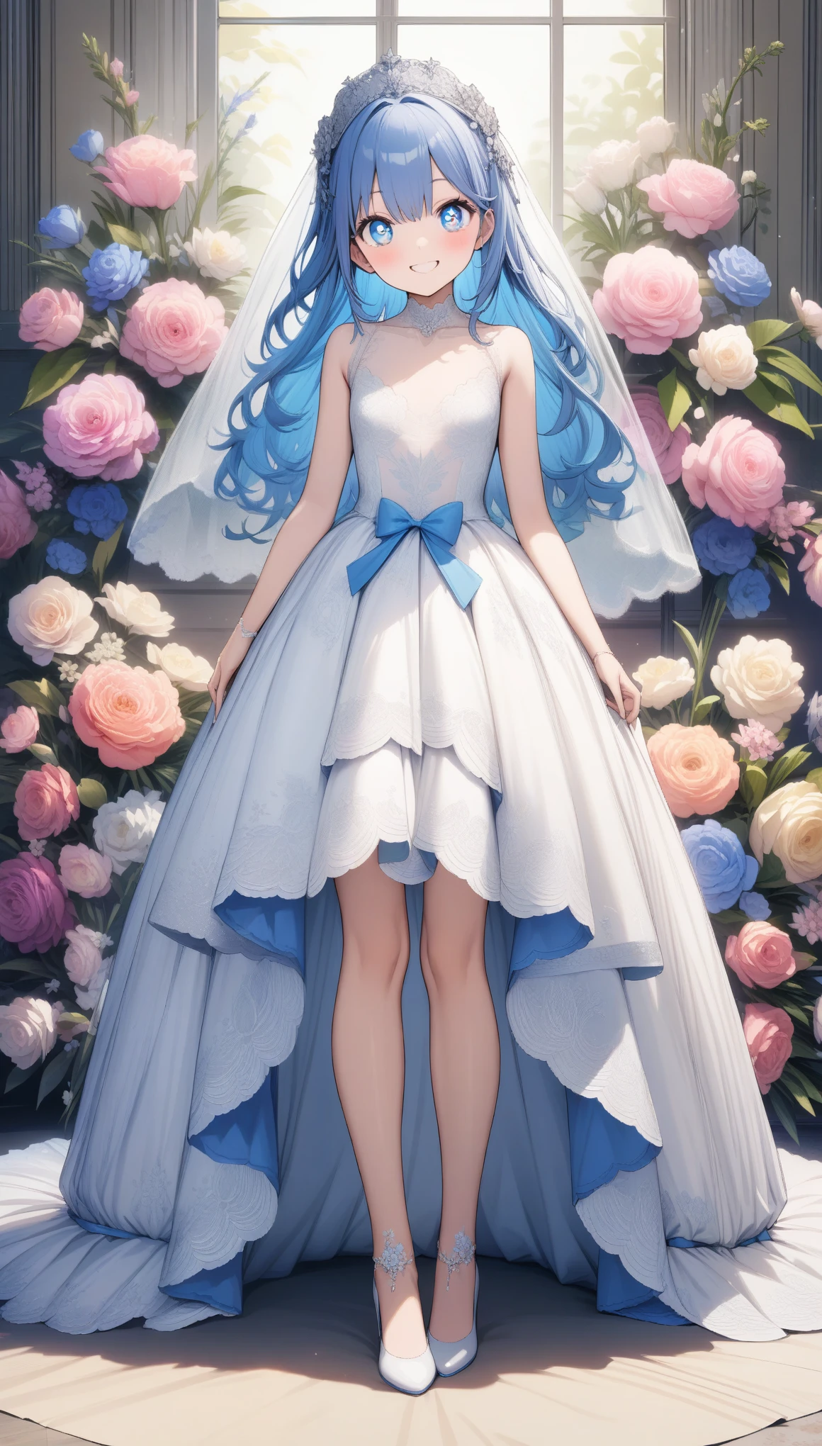 (Best Quality, High Definition, masutepiece:1.2,), Illustration, 1girl in, Full body, ((wedding dress)), Looking at Viewer, Happy, blush,(((masutepiece))), (((Best Quality))), (((Ultra-detailed))), (((extremely delicate and beautiful))), (((Beautiful detailed eyes))), (((Beautiful floral background))), (Smile), Blue hair,