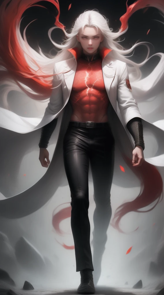 Young man, long hairs, black pants, white coat,going berserk, ((red glowing eyes)), ((white hairs)), flowing hairs, ((red thunder)), walking towards viewer