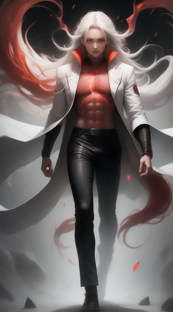 Young man, long hairs, black pants, white coat,going berserk, ((red glowing eyes)), ((white hairs)), flowing hairs, ((red thunder)), walking towards viewer