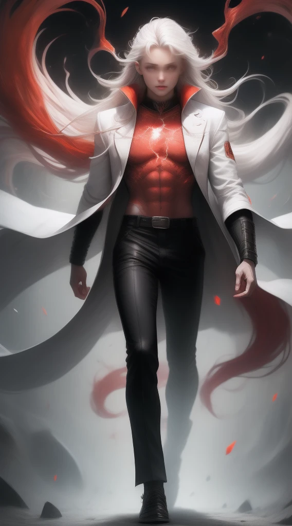 Young man, long hairs, black pants, white coat,going berserk, ((red glowing eyes)), ((white hairs)), flowing hairs, ((red thunder)), walking towards viewer