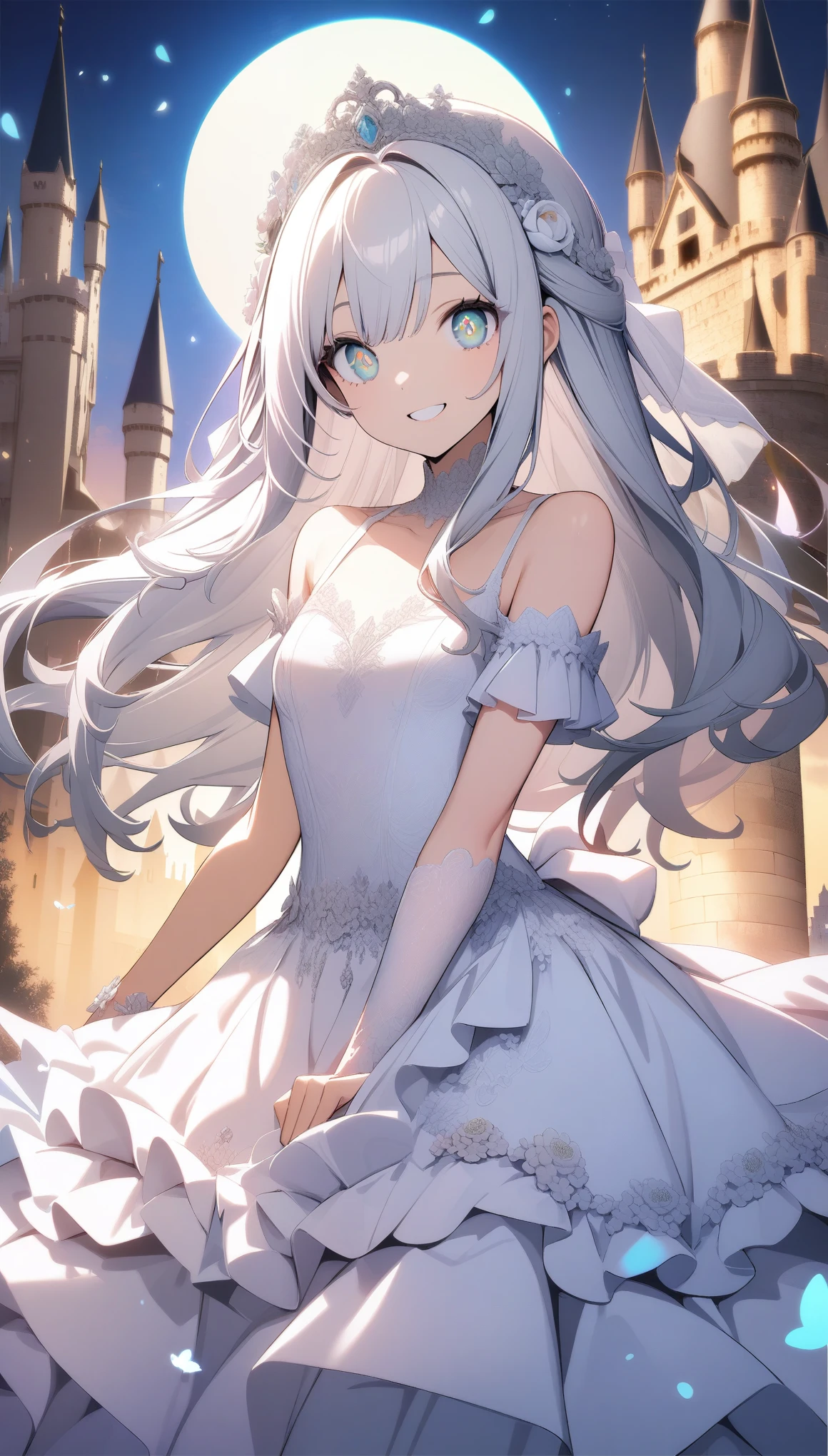 (((Unity 8k Wallpaper))), (((masutepiece))), (((Best Quality))), (((Ultra-detailed))), (((High resolution))), (((extremely delicate and beautiful))), ((((Beautiful detailed eyes)))), (((Cute Girl))), ((happy smail)), (((Wedding dresses with ruffles))), (((shiny silver hair))), (((Long hair))), (((front))), (((8 km Full Moon))), (((Castle background))), (((Smile))),