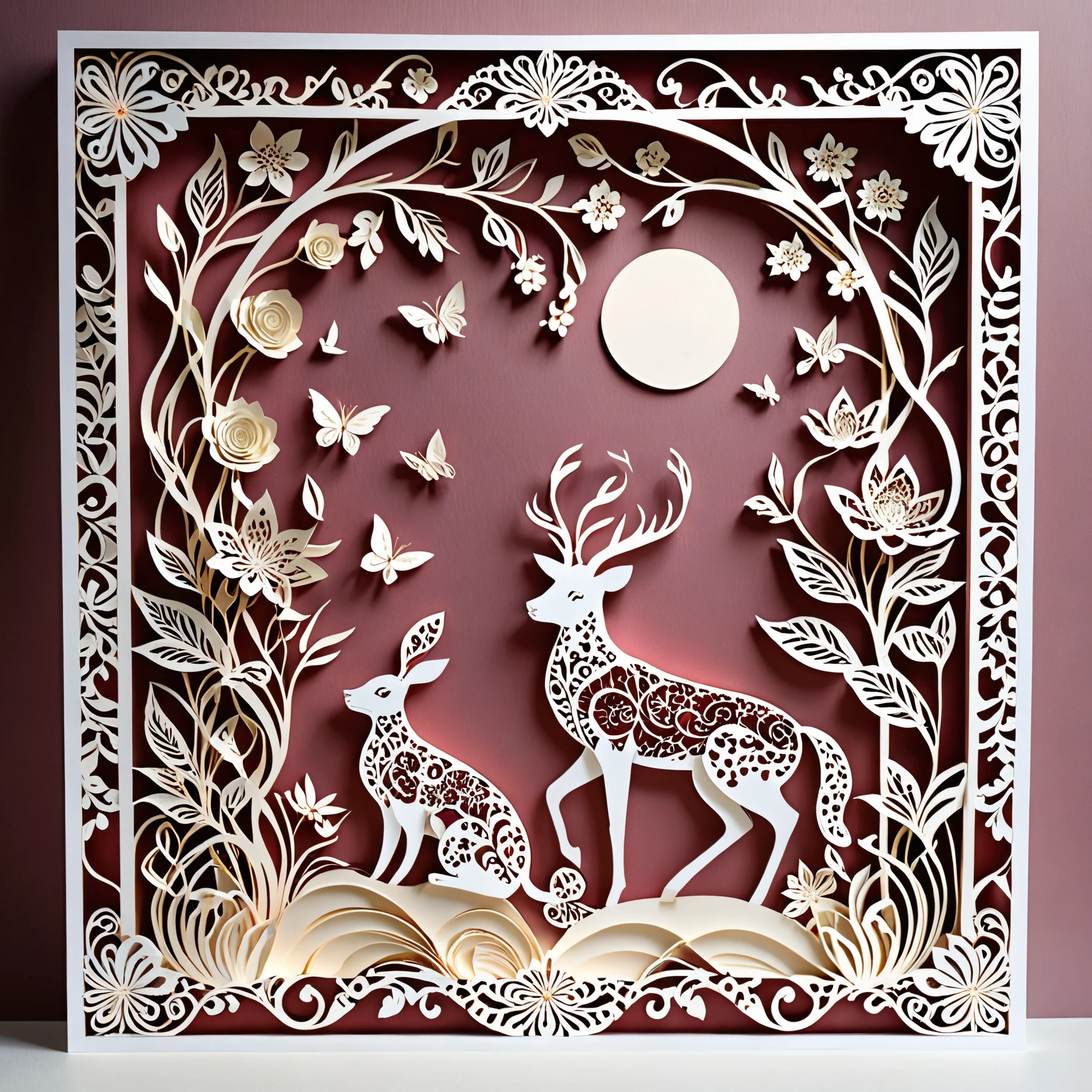 Create a detailed paper cutout artwork depicting a scene that combines intricate patterns with various flowers. The scene should include a harmonious blend of elaborate, decorative patterns interwoven with different types of flowers such as roses, lilies, and cherry blossoms. The patterns should enhance and complement the shapes and colors of the flowers, creating a seamless integration between the floral elements and the abstract designs. The artwork should evoke a sense of beauty and intricacy, highlighting the elegance and charm of both the patterns and the flowers. The overall mood should be artistic and enchanting, capturing the delicate beauty of nature through detailed design.