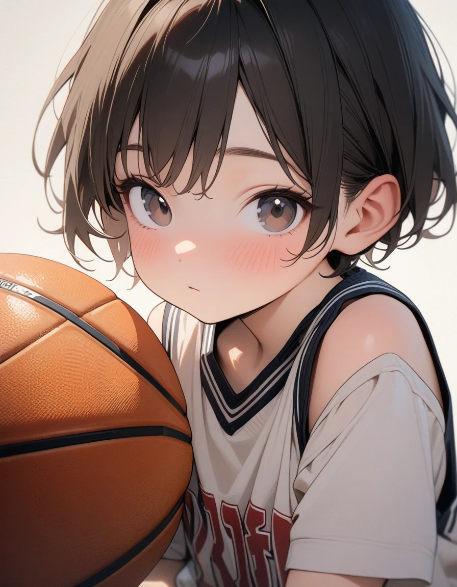 Lovely,masterpiece, best quality, 8K, Clear focus,(Black short hair),穿着Basketball clothes的小男孩拿着篮球,Basketball clothes,Clean background