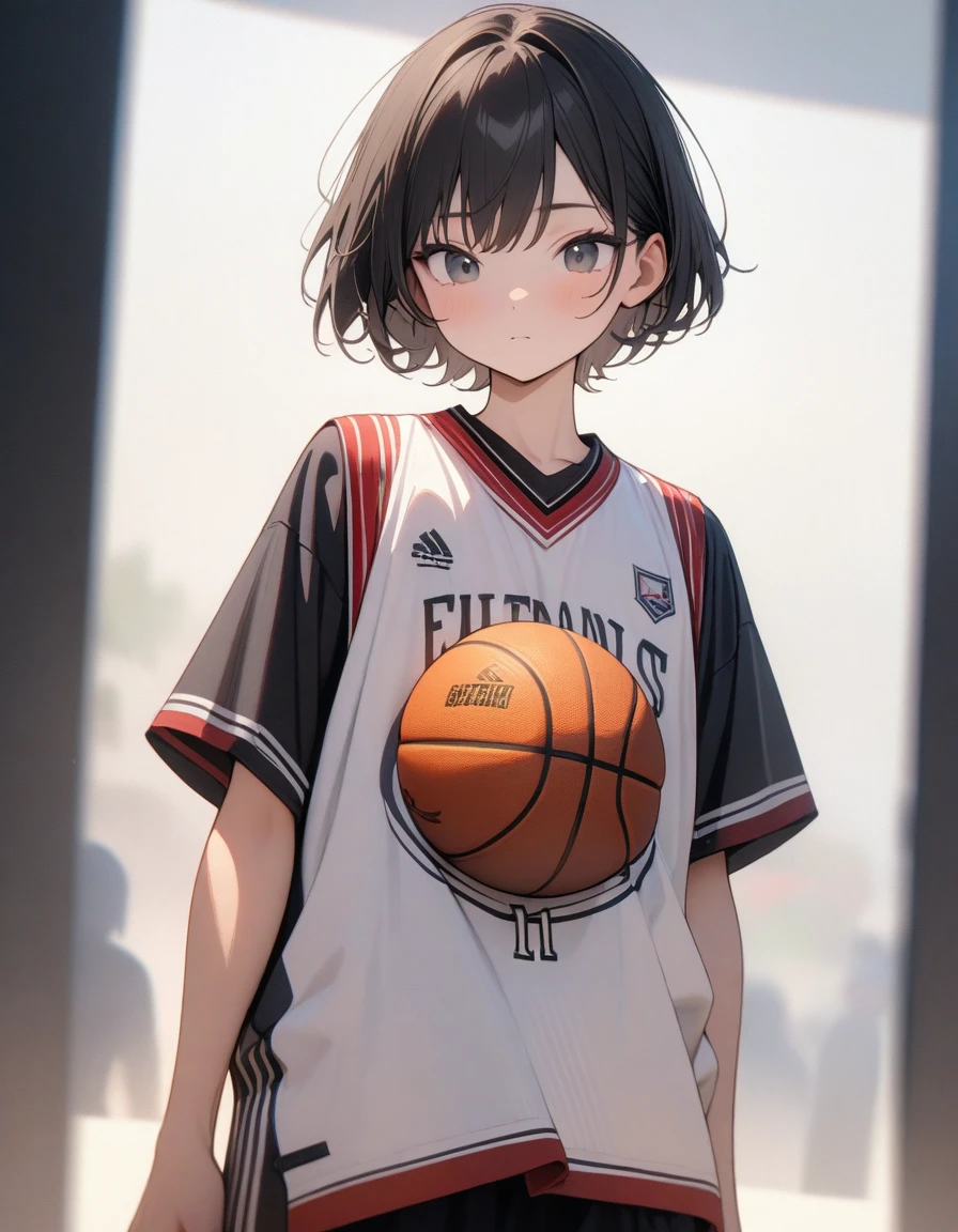 Lovely，masterpiece, best quality, 8K, Clear focus,（Black short hair），穿着Basketball clothes的小男孩拿着篮球，Basketball clothes，Clean background