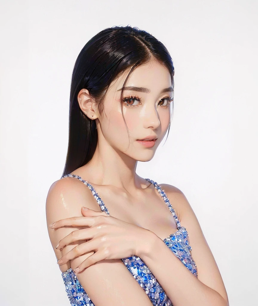 ((Best Quality, 8K, Masterpiece, : 1.3)), Sharp, Sharp, Beauty: 1.2, Perfect Body Beauty, Slim Abs: 1.2, ((Layered Hairstyle, Big: 1.2)), Highly Detailed Face and Skin Texture, Detailed Eyes, Double Eyelids, looking at the camera, pink tone makeup, stunning, gorgeous, slight smile, clear eyes, blink eyes