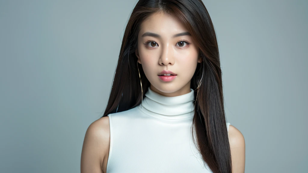 (detailed face),VIVID,normal breasts,pretty,sleeveless and turtle neck white silky clothes,4k ,super high resolution ,(photo-realistic: 1.7),white background,long hair,empty room,