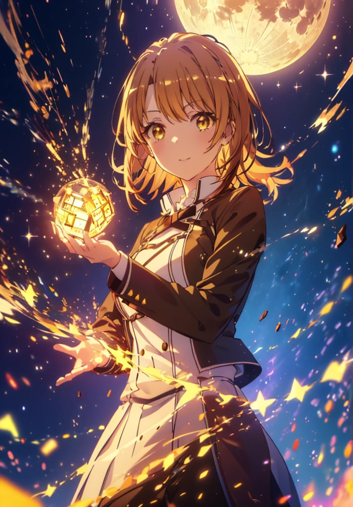 Irohaisshiki, isshiki iroha, Short Hair, Brown Hair, (Brown eyes:1.5), smile,((Night Sky)),((Big full moon)),((Sparkling and colorful stars)),Fluffy hair,((Idol style costume with soft volume)),Long skirt,Uses fire magic with both hands,((witch)),Rubik's Square,
break outdoors, forest,forest
break looking at viewer,Upper Body,
break (masterpiece:1.2), Highest quality, High resolution, unity 8k wallpaper, (shape:0.8), (Narrow and beautiful eyes:1.6), Highly detailed face, Perfect lighting, Highly detailed CG, (Perfect hands, Perfect Anatomy),