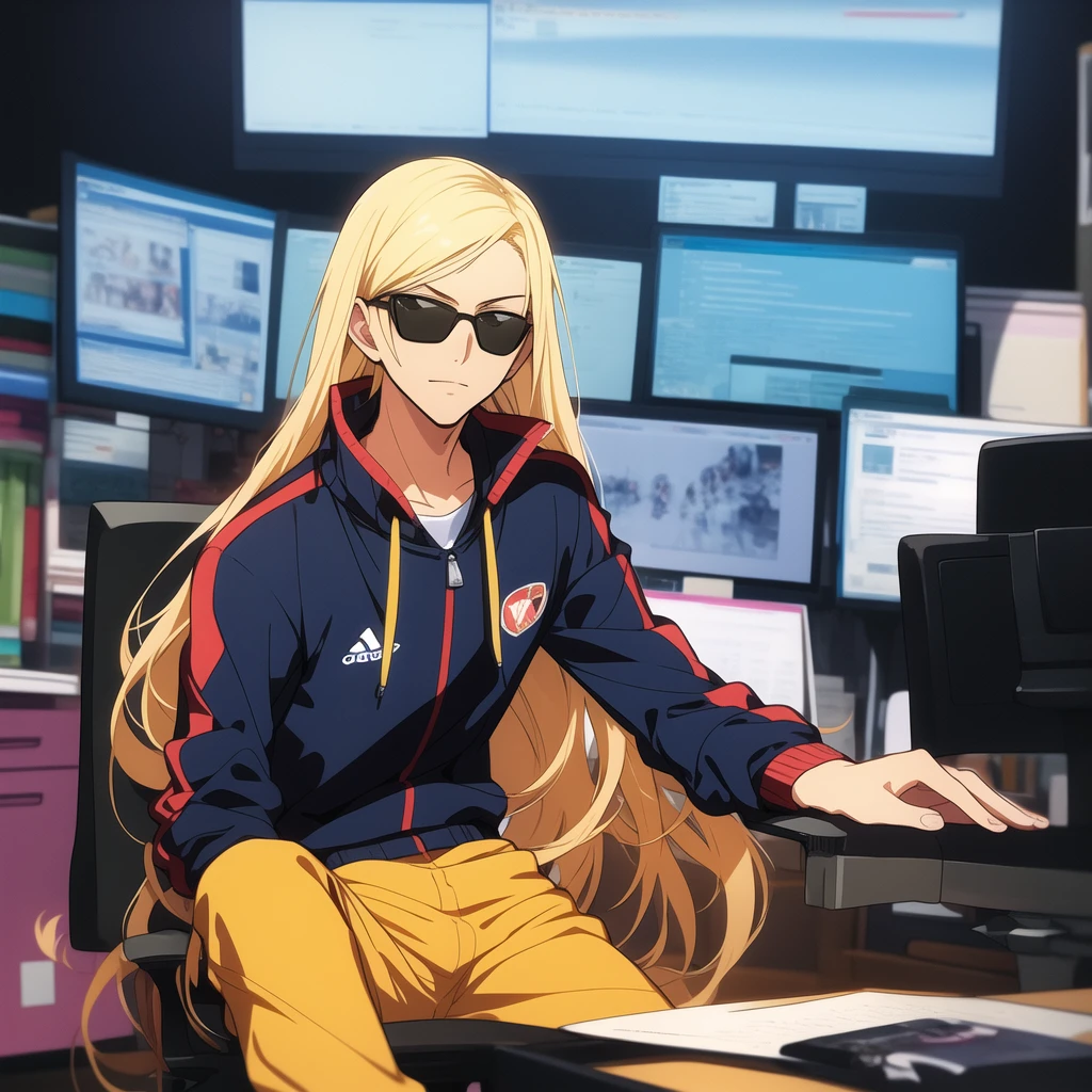 shigenori soejima concept art, blond long-hair male teenager, wearing sunglasses and black-yellow tracksuit, sitting behind desk in swanky office, katana holstered, masterpiece, high contrast