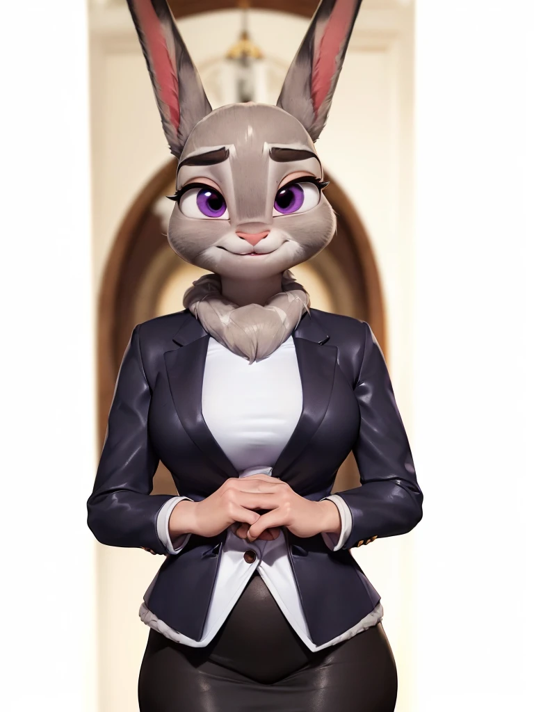 best quality,
masterpiece,
super detail,
3D,
Portrait,
fun atmosphere,
furry woman,
anthropomorphic,
bloom office,
(Face is JudyHopps:1.4),
(straight hair:1.3),
(see-through bangs:1.3),
bright purple eyes,
(arched eyebrows:1.4),
(uplift eyebrows:1.1),
(rabbit ears:1.1),
Body is NamiFinal,
Body covered with rabbit fur,
(body is gray with fluffy and fluffy:1.3),
(skin is wool fabric with fluffy and fluffy:1.3),
office lady is wearing suit,
beige tights,
((White blouse)),
((Black blazer)),
((Black skirt)),
clothes made of cotton,
(solo:1.5),
(1 lady:1.5),
one character only