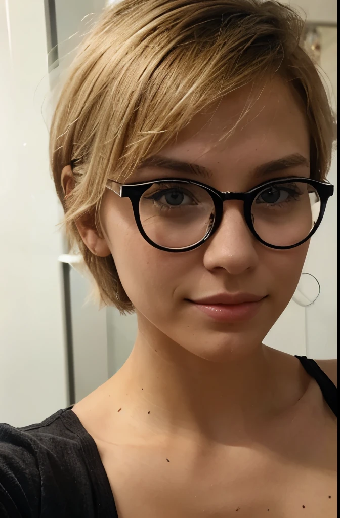 Short hair blonde girl, with glasses, attractive, realist, taking a selfie