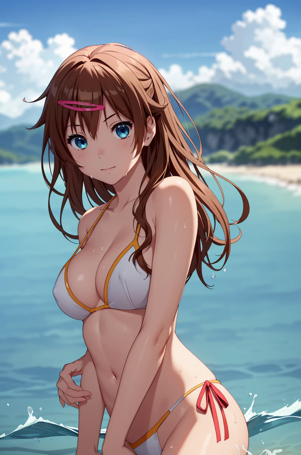 ((masterpiece, Highest quality, High resolution, uhd, Pixel perfect, Depth of written boundary, 4K, RTX, HDR)), 1 Girl, single, alone, 24-years-old, Beautiful Anime Girls, Beautiful art style, anime character, ((Parted bangs, Brown Hair)), (blue eyes、Round eyes, Delicate eyelashes、Beautiful eyelashes, Perfect Eyes), (Detailed face:1.2), (Smooth texture:0.75, Realistic texture:0.65, Realistic:1.2, Cinematic, Anime CG Style), Perfect body, Ocean:1.3、Moderately good breasts:1.7、Red Micro Bikini Swimsuit:1.8、Visible from the thighs:1.9、Wet、Water Drop、Splash、nsfw、visible from below、