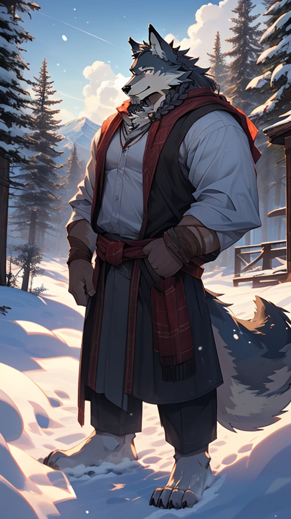 (masterpiece), (photorealistic:1.5), (1boy:1.2), (middle-aged male:1.4), (wolf male:1.6), (gray fur), (white long beard), (long white braided hair), (many scars), (scar on face), (scar on body), (casual clothes), (loose shirt), (holding child), (gentle smile), (warm expression), (kind eyes), (standing), (cold northern region), (snowy landscape), (mountains), (pine trees), (cabin), (smoke from chimney), (footprints in snow), (cloudy sky), (daytime), (bright sunlight), (cinematic lighting)