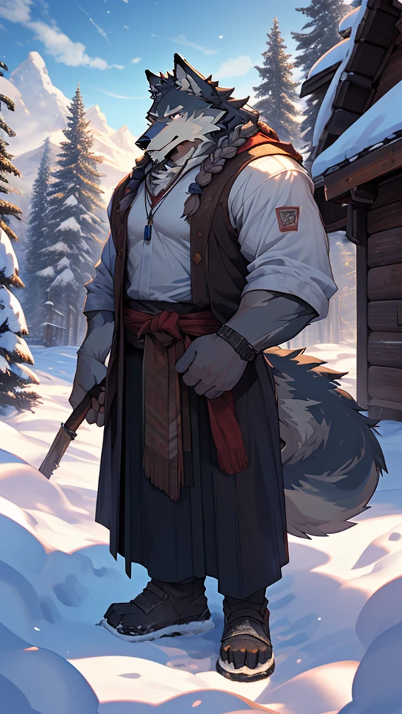 (masterpiece), (photorealistic:1.5), (1boy:1.2), (middle-aged male:1.4), (wolf male:1.6), (gray fur), (white long beard), (long white braided hair), (many scars), (scar on face), (scar on body), (casual clothes), (loose shirt), (holding child), (gentle smile), (warm expression), (kind eyes), (standing), (cold northern region), (snowy landscape), (mountains), (pine trees), (cabin), (smoke from chimney), (footprints in snow), (cloudy sky), (daytime), (bright sunlight), (cinematic lighting)