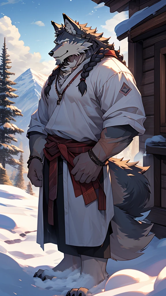 (masterpiece), (photorealistic:1.5), (1boy:1.2), (middle-aged male:1.4), (wolf male:1.6), (gray fur), (white long beard), (long white braided hair), (many scars), (scar on face), (scar on body), (casual clothes), (loose shirt), (holding child), (gentle smile), (warm expression), (kind eyes), (standing), (cold northern region), (snowy landscape), (mountains), (pine trees), (cabin), (smoke from chimney), (footprints in snow), (cloudy sky), (daytime), (bright sunlight), (cinematic lighting)