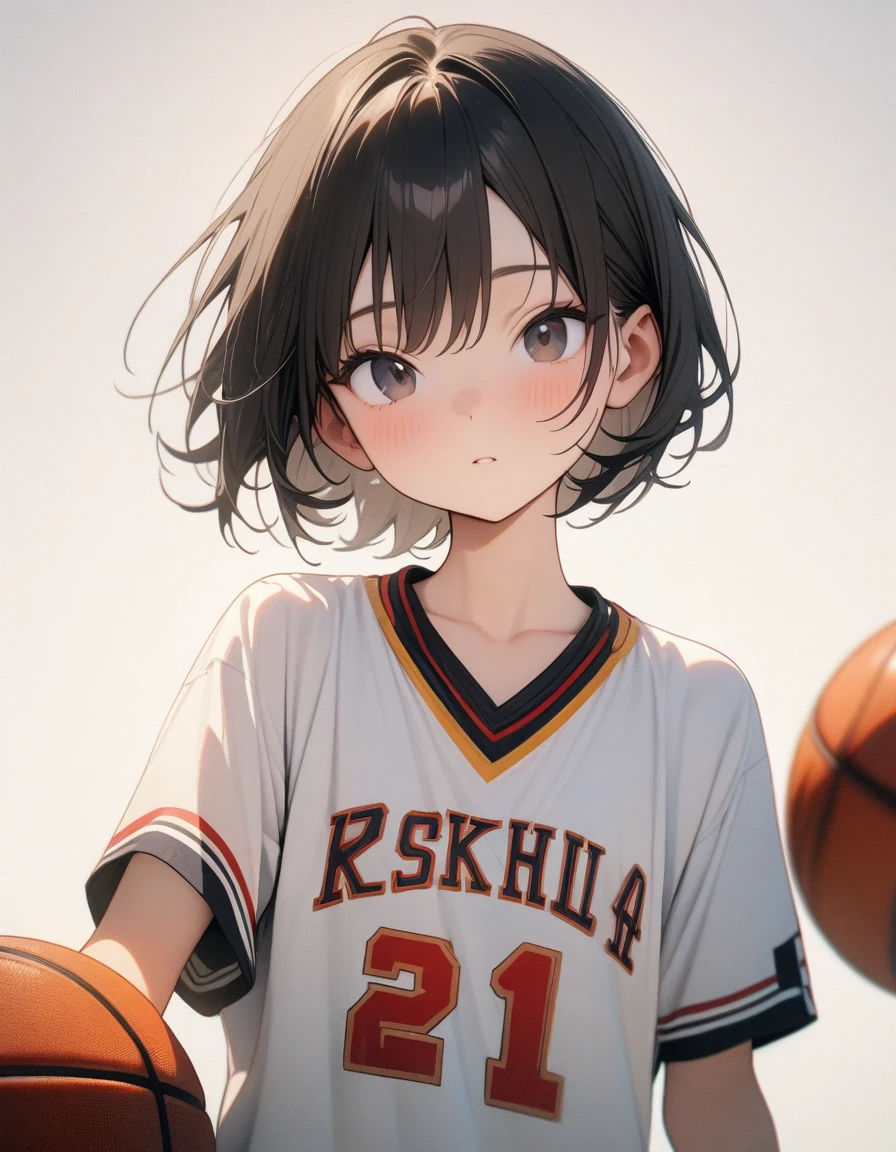Lovely,masterpiece, best quality, 8K, Clear focus,(Black short hair)(short hair),穿着Basketball clothes的小男孩拿着篮球,Basketball clothes,Clean background