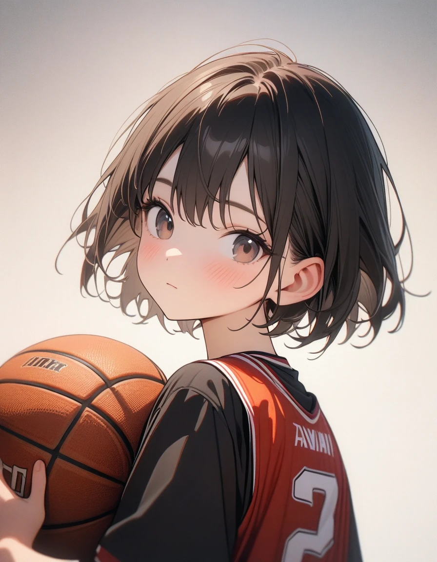 Lovely，masterpiece, best quality, 8K, Clear focus,（Black short hair）（short hair），穿着Basketball clothes的小男孩拿着篮球，Basketball clothes，Clean background