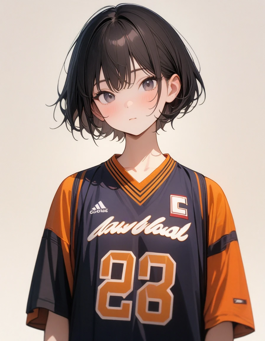 Lovely,masterpiece, best quality, 8K, Clear focus,(Black short hair)(short hair),穿着Basketball clothes的小男孩拿着篮球,Basketball clothes,Clean background