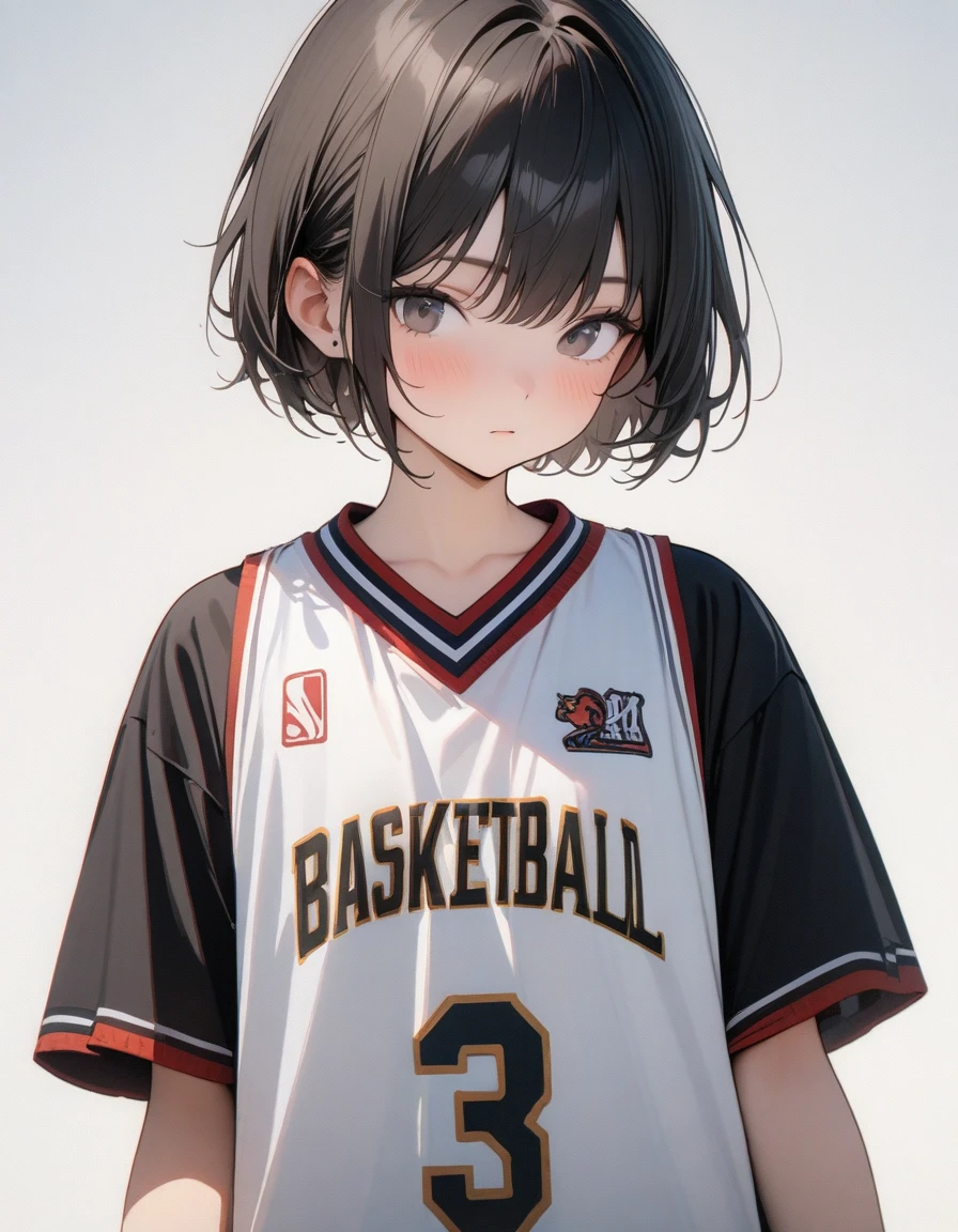 Lovely,masterpiece, best quality, 8K, Clear focus,(Black short hair)(short hair),穿着Basketball clothes的小男孩拿着篮球,Basketball clothes,Clean background