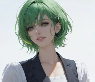 outdoor,green hair,Emerald hair,short hair,short hair,bright face,upper body up,chest up,business woman,intellectual,smile,white jacket,laughter,30 years,drooling eyes, alone,know,Flow of hair that extends to the face,bangs between eyeliner hair,High resolution, Bright and clear, Big light blue eyes shine charmingly,green one piece,eyeliner,Shining white skin,(Ultra Real), (figure), (High resolution), (In 8K), (very detailed), (Best figure), (Beautiful quality with attention to detail), (super detailed), (wallpaper), (detailed face),(Ultra Real), (figure), (High resolution), (In 8K), (very detailed), (Best figure), (Beautiful quality with attention to detail), (super detailed), (wallpaper), (detailed face)