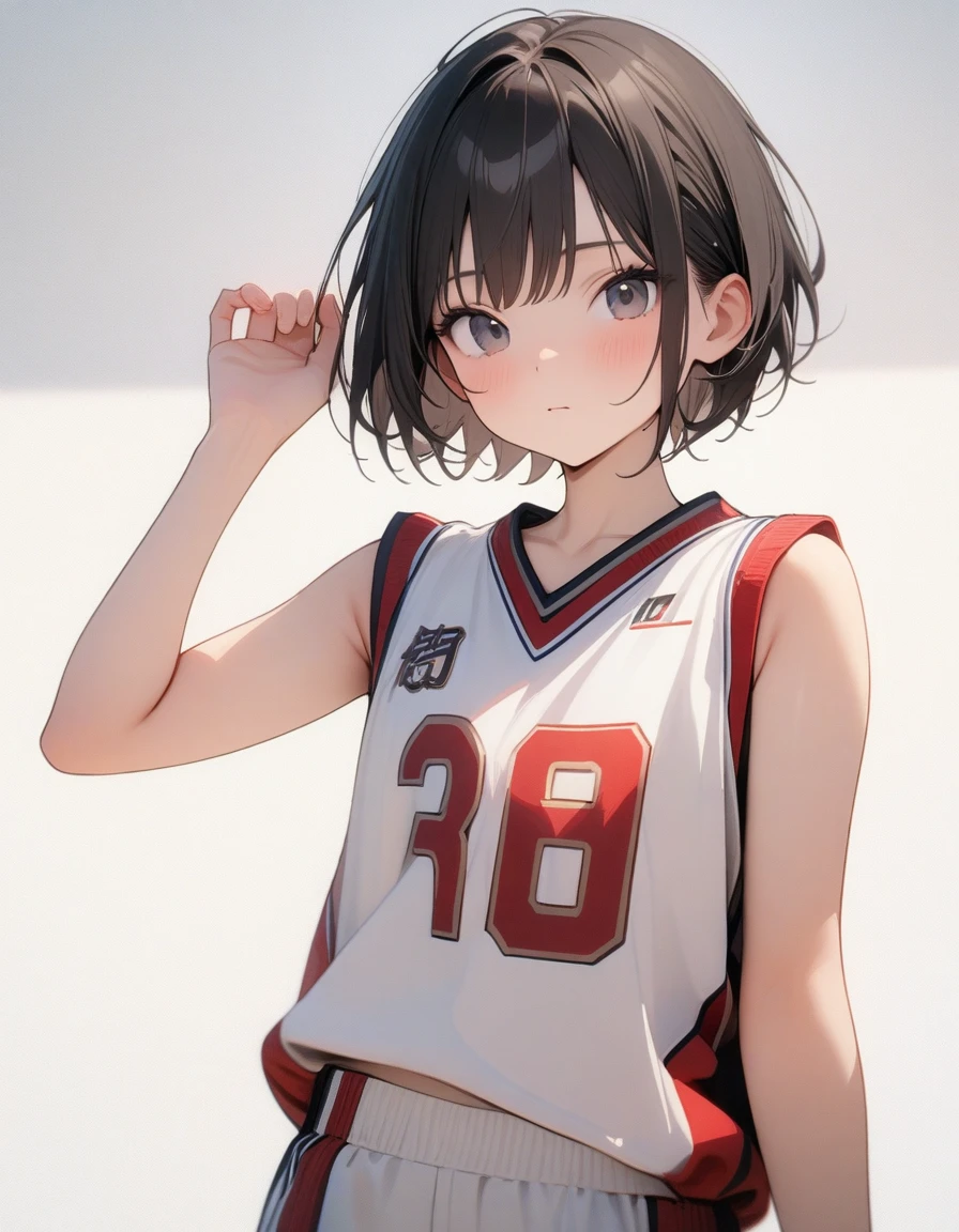 Lovely，masterpiece, best quality, 8K, Clear focus,（Black short hair）（short hair），穿着Basketball clothes的小男孩拿着篮球，Basketball clothes，Clean background