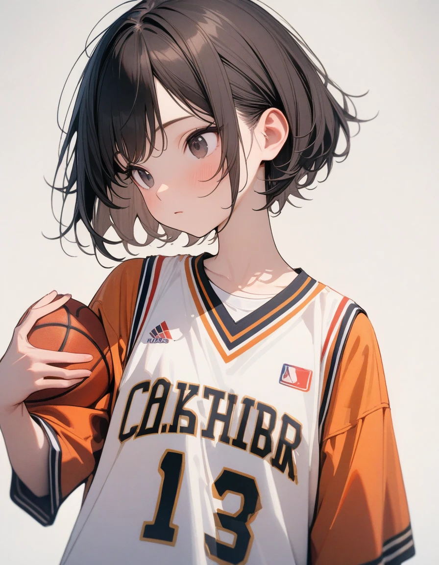 Lovely,masterpiece, best quality, 8K, Clear focus,(Black short hair)(short hair),穿着Basketball clothes的小男孩拿着篮球,Basketball clothes,Clean background