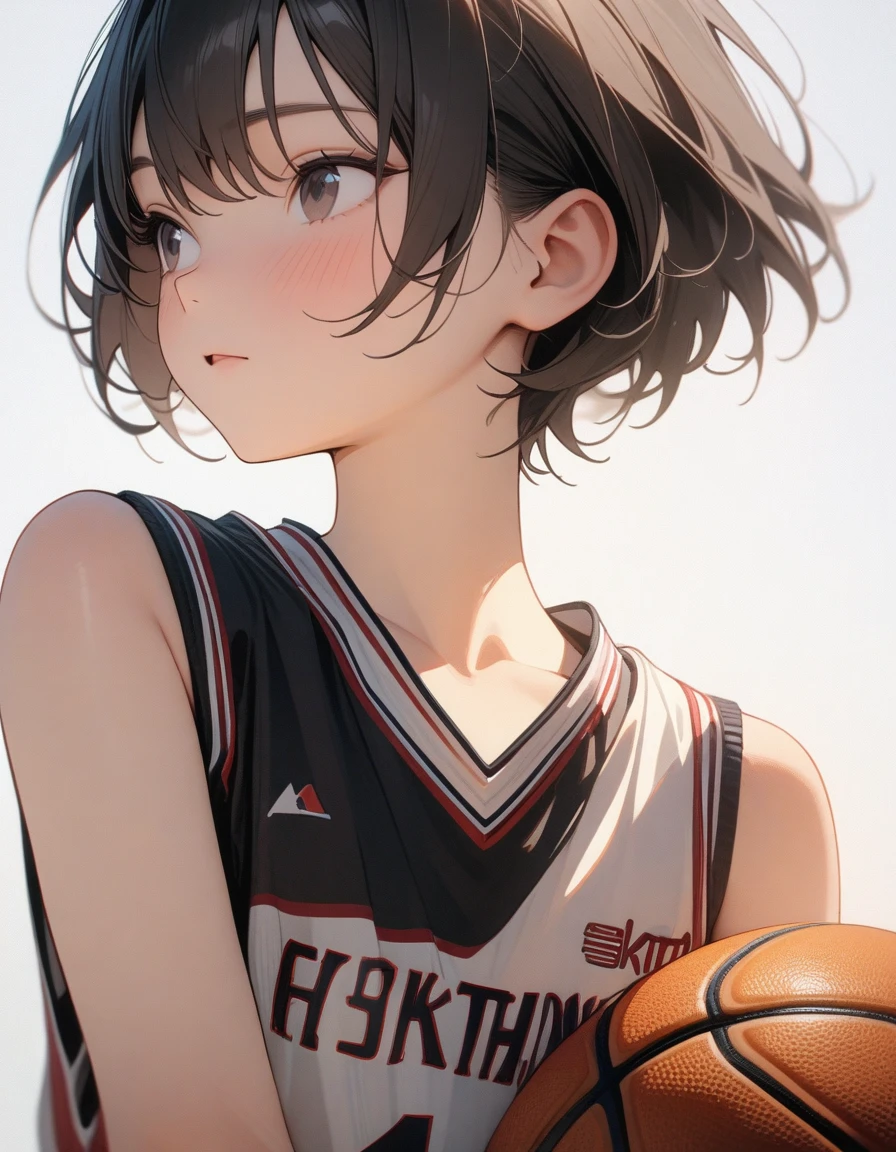 Lovely,masterpiece, best quality, 8K, Clear focus,(Black short hair)(short hair),穿着Basketball clothes的小男孩拿着篮球,Basketball clothes,Clean background