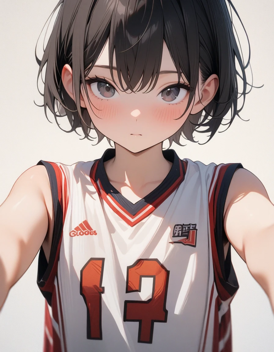 Lovely，masterpiece, best quality, 8K, Clear focus,（Black short hair）（short hair），穿着Basketball clothes的小男孩拿着篮球，Basketball clothes，Clean background