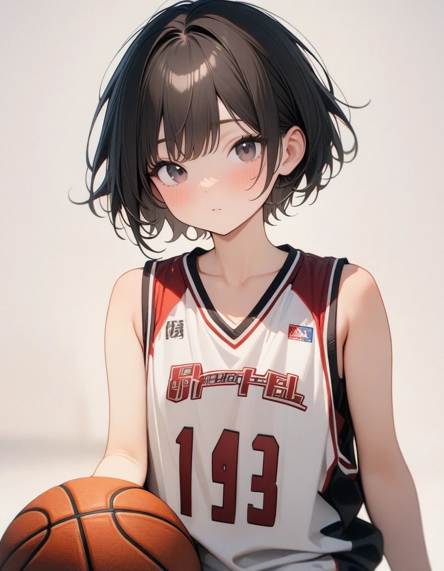 Lovely，masterpiece, best quality, 8K, Clear focus,（Black short hair）（short hair），穿着Basketball clothes的小男孩拿着篮球，Basketball clothes，Clean background