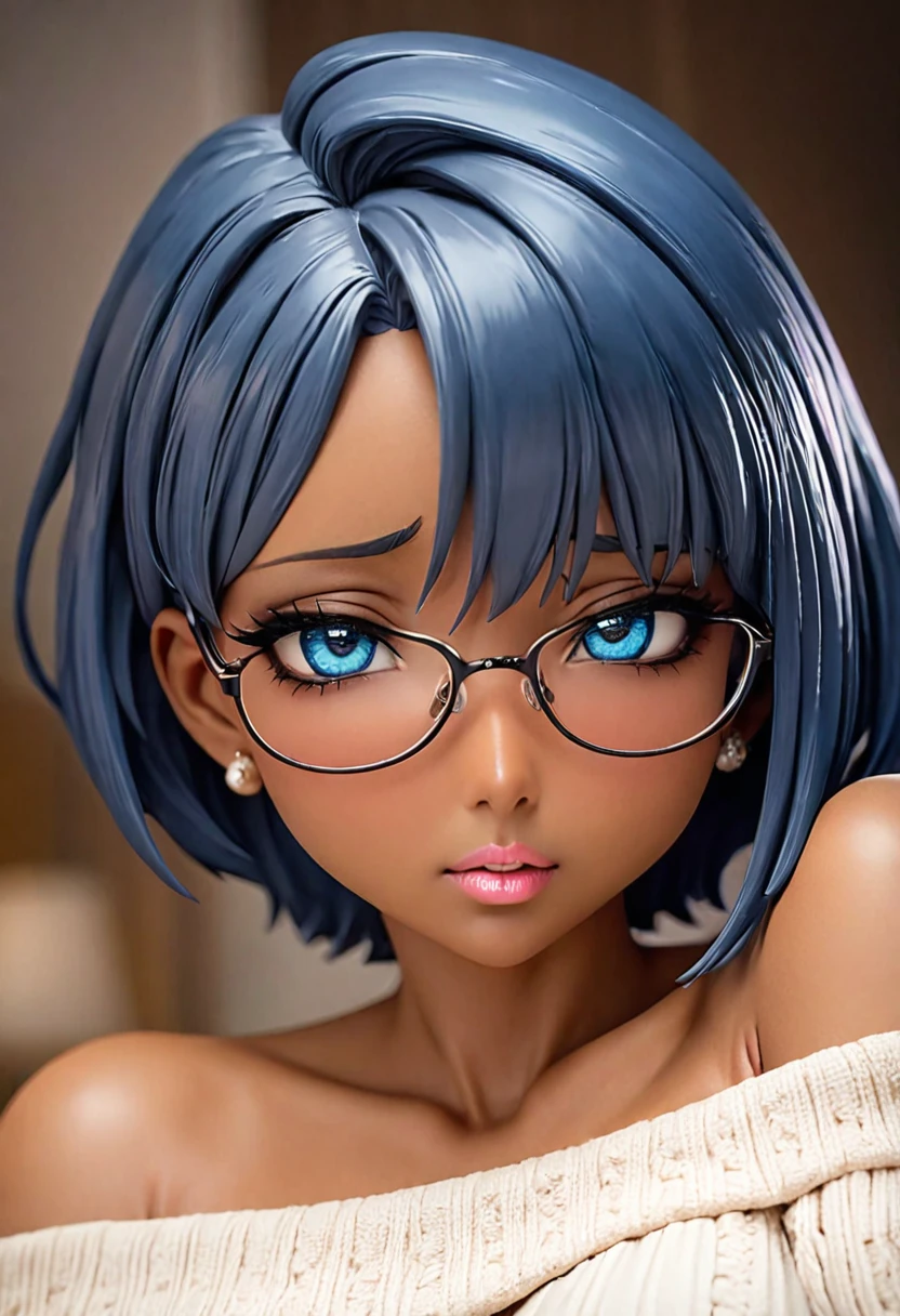 (masterpiece, best quality:1.2), ,1 Girl, solo，Blue short hair（（（Exquisite eyes）））（（off-shoulder sweater））Radiant Skin，dark skin，wear glasses，Pink lips