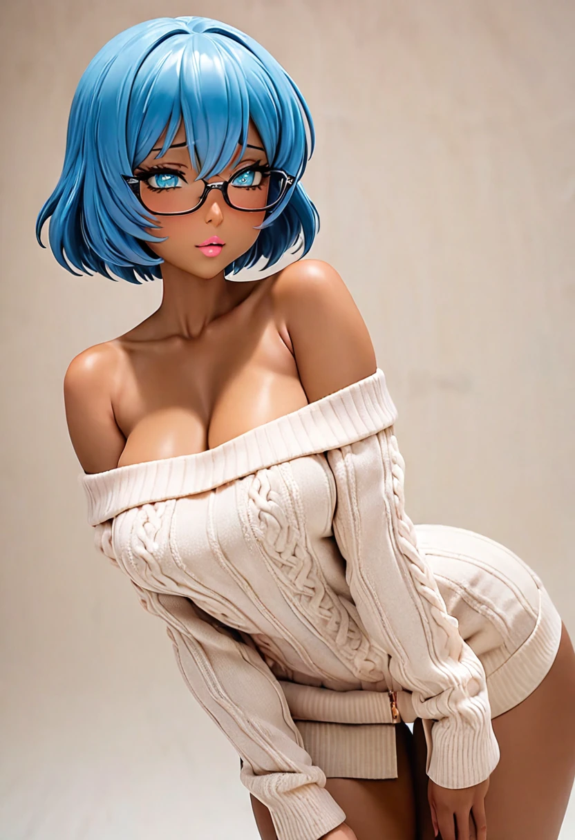 (masterpiece, best quality:1.2), ,1 Girl, solo，Blue short hair（（（Exquisite eyes）））（（off-shoulder sweater））Radiant Skin，dark skin，wear glasses，Pink lips