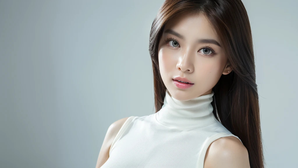 (detailed face),VIVID,normal breasts,pretty,sleeveless and turtle neck white silky clothes,4k ,super high resolution ,(photo-realistic: 1.7),white background,long hair,empty room,